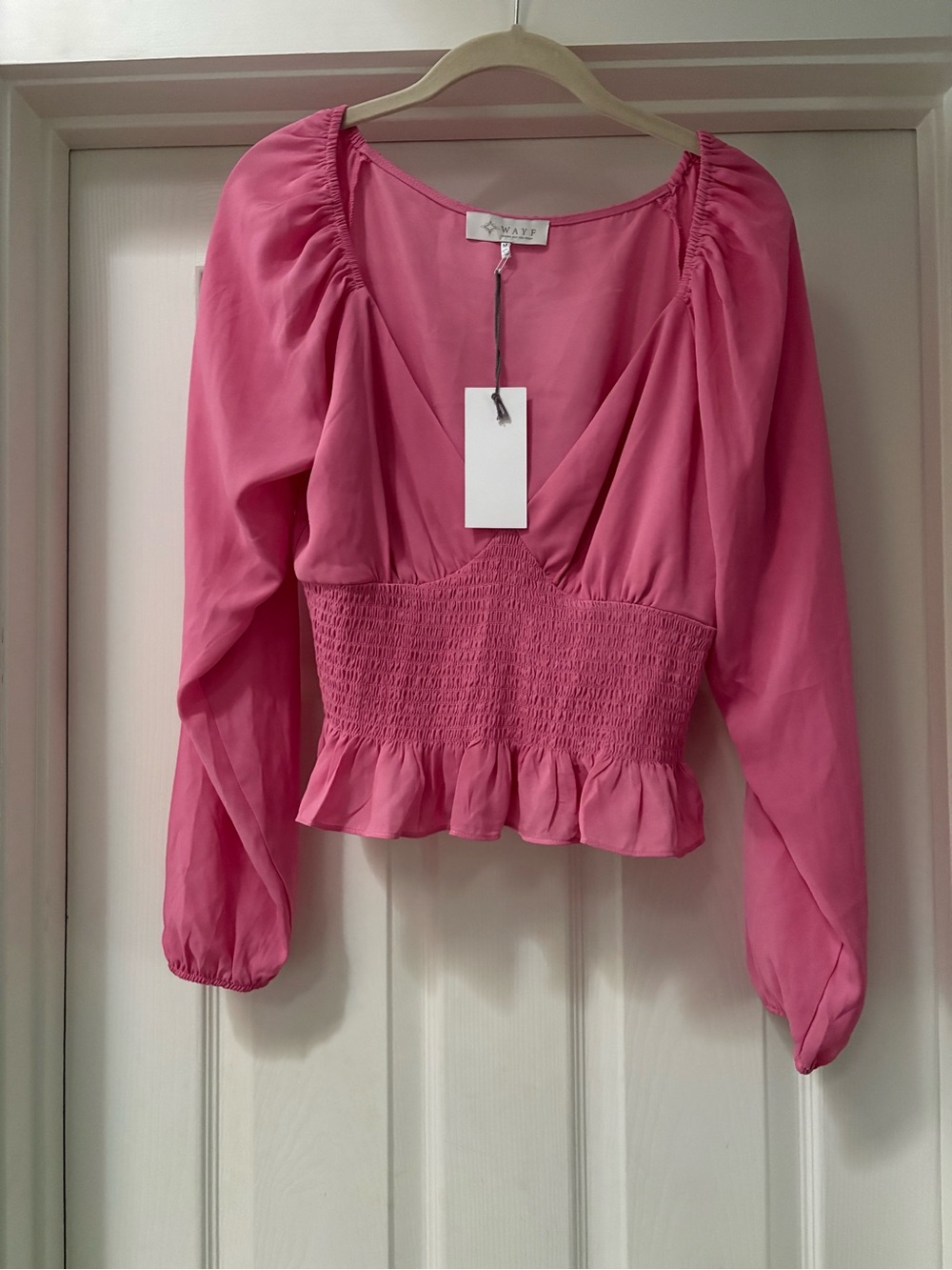 Wayf Pink Smocked Peplum V-Neck Long Sleeve Blouse